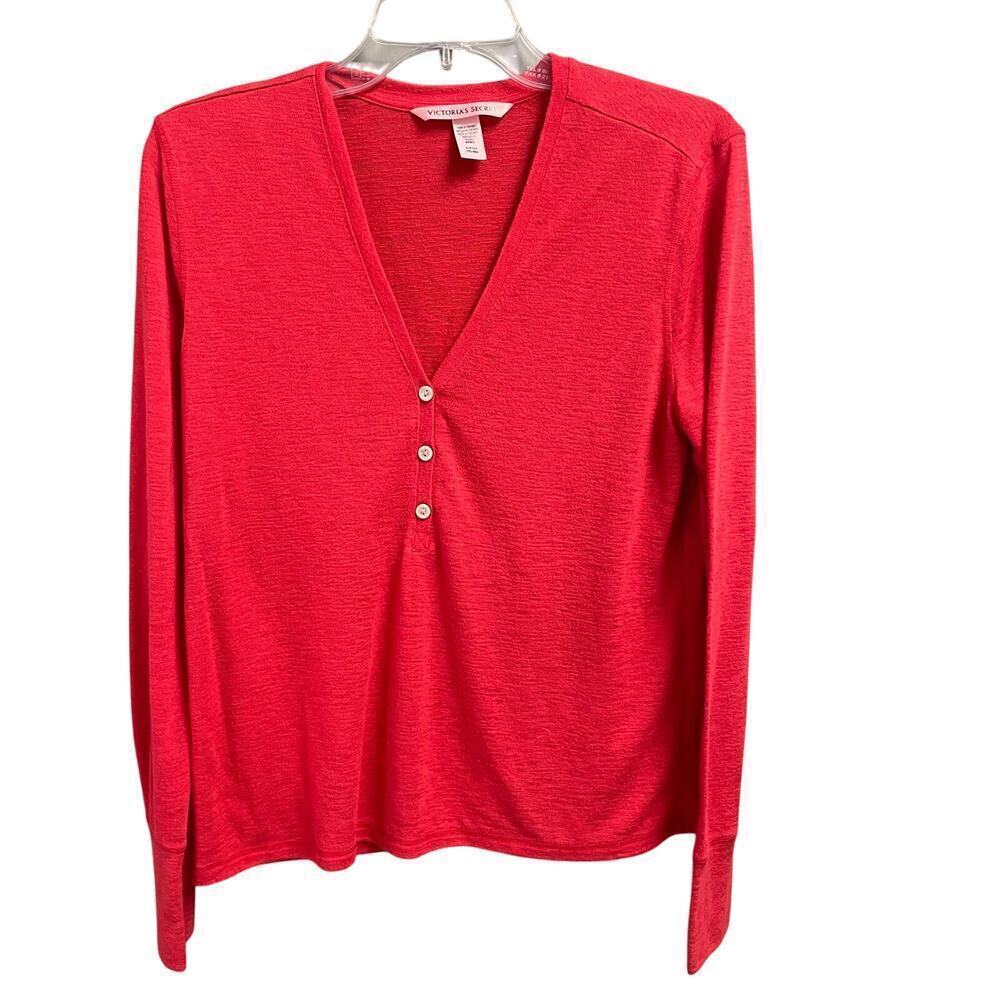 Victorias Secret Red Long Sleeve Slub Knit Henley Sz Small Lightweight Casual